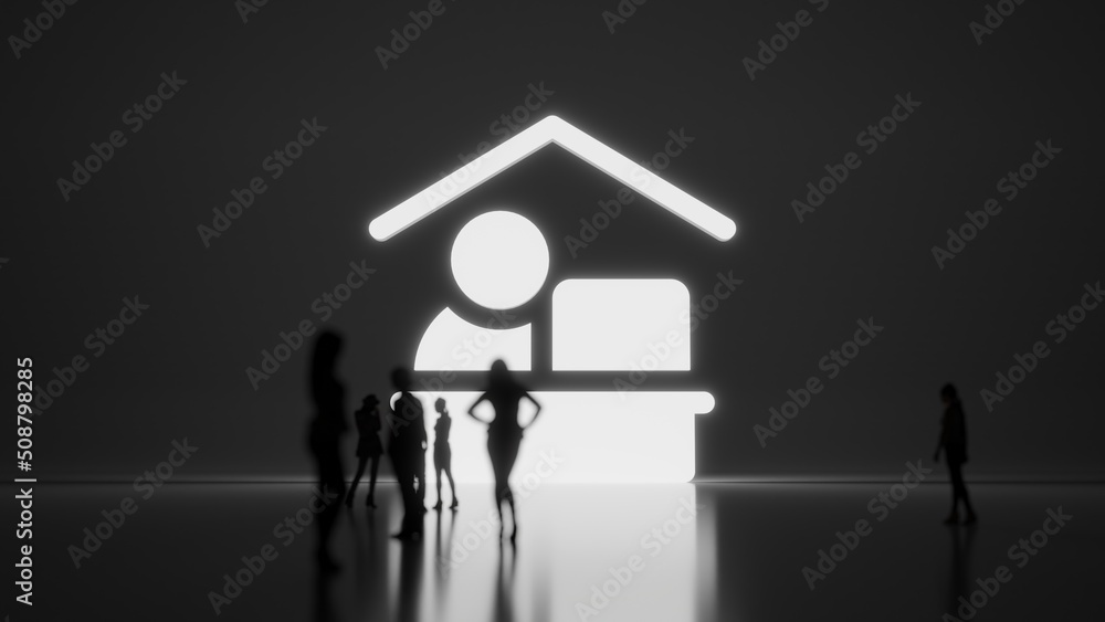 Poster 3d rendering people in front of symbol of working at home on background