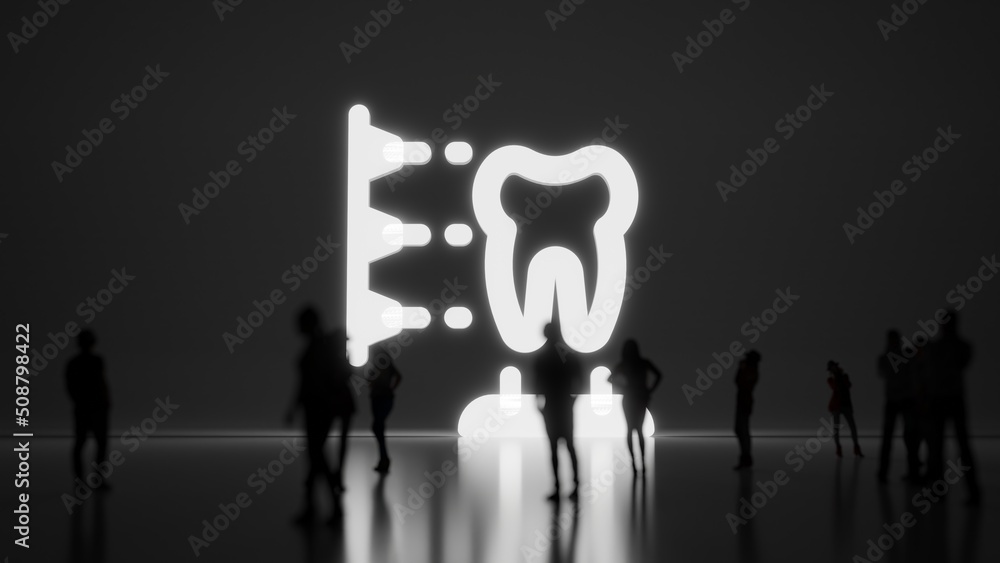Poster 3d rendering people in front of symbol of 3d print stomatology on background