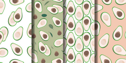 Seamless patterns sliced avocado with seeds set on white, green and coral background. Vector illustration for wrapping paper, greeting cards, wallpaper, fabric, textiles