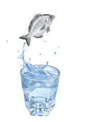sar , poisson, sauter, évasion, eau, en verre, boire, clapoter, froid, liquide, glace, isolé, blanc, boisson, bouillonner, abattre, bleu, frais, éclaboussure, clair, verser, transparent, , sain, propr