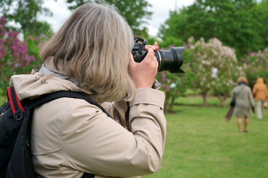 Events reportage photographer in action. A photojournalist with a camera takes travel tour photos in nature. The wonderful moments when the lilac trees are blooming in Latvia.