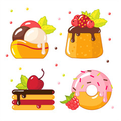 Vector drawn illustration, set, desserts isolated on a white background. Sweets with berries and fruits, chocolate. Ice cream, pudding, cake, cake, donut. Children's cartoon illustration.