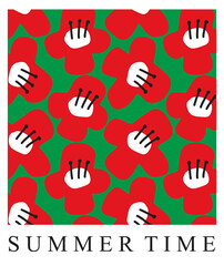 Summer Time. Cute Abstract Floral Vector Illustration with Pink Hand Drawn Flowers on a Green Blackground. Infantile Style Bright Colors Print ideal for Card, Poster, Wall Art, Decoration.