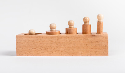 Block with incorrectly placed Montessori knobbed cylinders. Error in puzzle assembly. Disorder,...