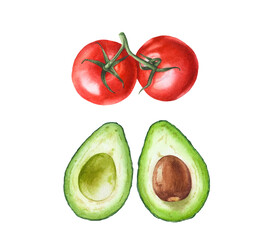 Watercolor red ripe tomatoes and avocado halves isolated on white background.