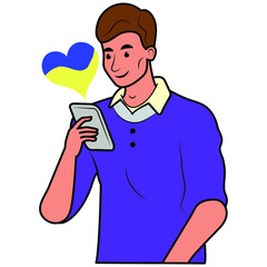 a man with a phone and a heart in the colors of the Ukrainian flag.