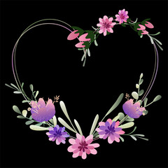 Floral frame in the shape of a heart in naive style on black square vector background. Gerberas, tulips and crocuses are soft purple and pink. Premium template for covers, invitations, congratulations