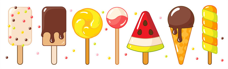 Vector drawn illustration, set, Ice cream, desserts isolated on a white background. Sweets with berries and fruits, chocolate. Ice cream, popsicle, fruit ice. Children's cartoon illustration.