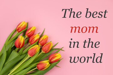 Tulips are yellow-red, on a pink background and the text THE BEST MOM IN THE WORLD. Concept greeting card, gratitude, invitation, congratulation. Mokap, copy space High quality photo