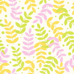 Vector botanical background. Colorful floral seamless pattern. Modern trendy print with leaves and sprouts for fabric, paper, package, and ony surface
