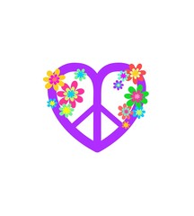 Hippie peace violet sign in heart shape and colorful flower-power on white background for bag design and girl shirt print