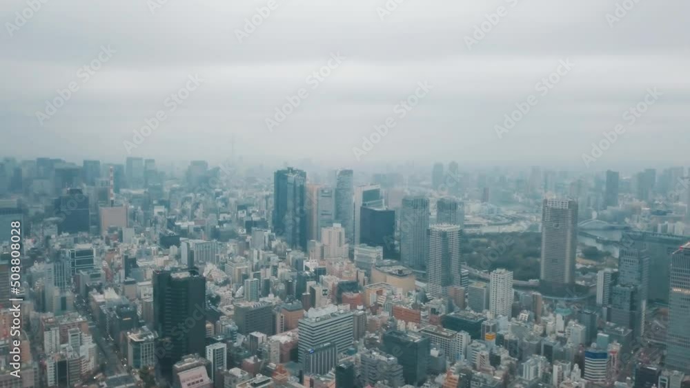 Wall mural aerial drone shot of the cityscape of tokyo, japan on a cloudy day