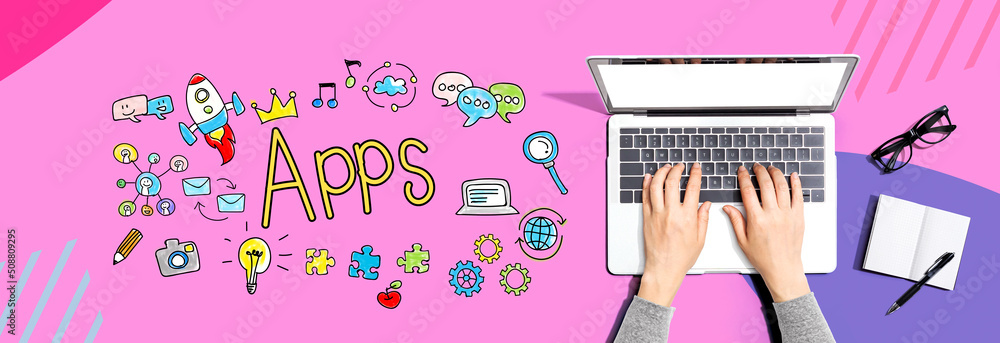 Poster apps theme with person using a laptop computer