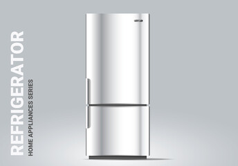 Vector realistic illustration of silver color refrigerator on light background. 3d style shine fridge appliances design
