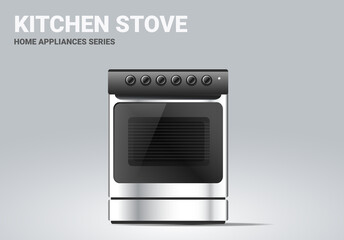 Vector realistic illustration of silver color kitchen stove on light background. 3d style shine kitchen stove with oven appliances design