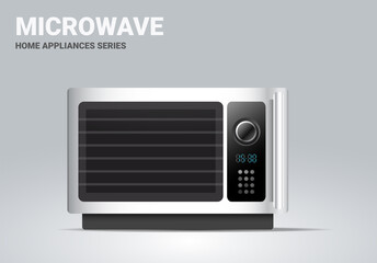 Fototapeta premium Vector realistic illustration of silver color kitchen microwave on light background. 3d style shine kitchen microwave appliances design