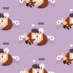 Seamless pattern with dog and cake. Festive wallpaper with dachshund in vintage style. Vector hand drawn illustration