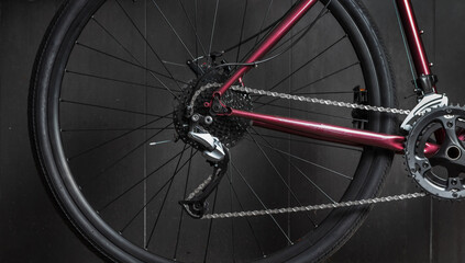 Close up of modern bicycle transmission. Bicycle equipment and spare parts. Bicycle workshop,...