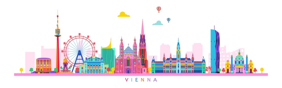 Vienna austria city skyline with color buildings isolated on white background.