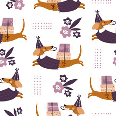 Seamless pattern with dog and gift boxes. Festive wallpaper with dachshund in vintage style. Vector cartoon illustration