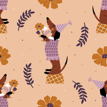 Seamless Pattern With A Cute Dog And A Bouquet Of Flowers. Festive Wallpaper With Dachshund In Vintage Style. Vector Hand Drawn Illustration