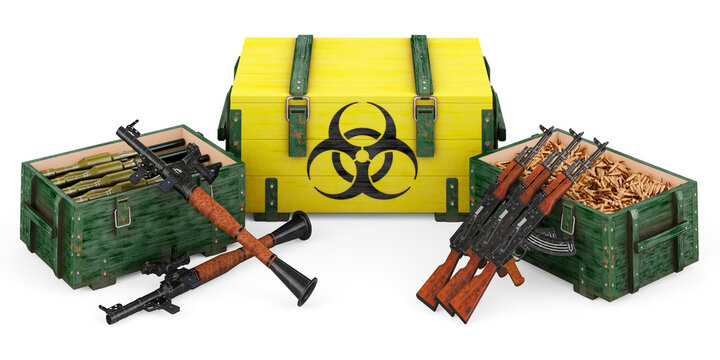 Weapons, military supplies with radiation sign, concept. 3D rendering