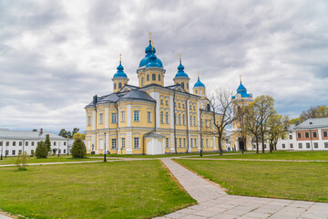 Fototapeta na wymiar Russia. Leningrad region. May 29, 2022. Cathedral of the Nativity of the Virgin on the island of Konevets.