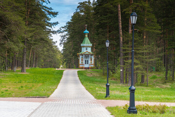 Russia. Leningrad region. May 29, 2022. Assumption Chapel on Konevets Island.