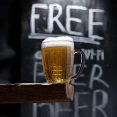 A mug of light beer with foam on a black background, highlighted.
