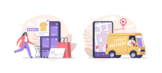 Online shopping and order delivery service online. Vector illustration.