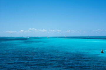 Aerial view of Sailboats sailing on the Caribbean Sea near the coast of Cancun, Mexico