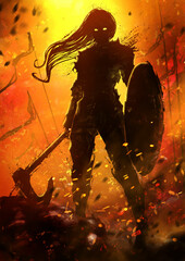 A black silhouette of an elegant warrior girl in armor with a round shield, hair fluttering in the wind and a large axe. She stands in the middle of a bloody battlefield with the fallen. 2d blob art © warmtail