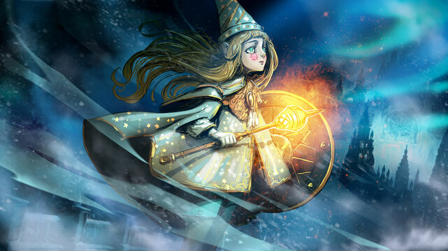A sweet young sorceress girl with golden hair and green eyes in a crumpled robe with a cap with a golden mace and shield looks at the starry sky standing in front of a windy snowstorm. 2d anime art