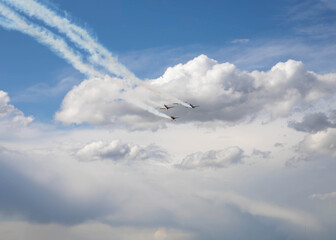 Four small planes fly by leaving a trail behind them place for text template