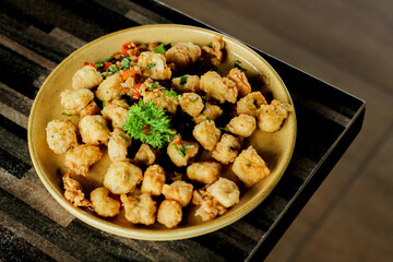 Salted tofu snacks are served on hotel plates. Savory and delicious.