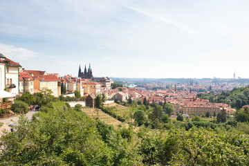 View of Prague Castle and the city from the terrce of Strahov Monastery.