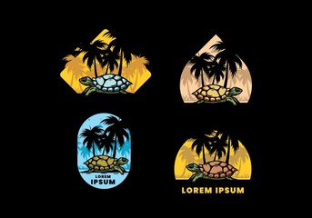 Sea turtle under the coconut tree illustration