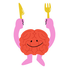 Vector illustration of the brain holding a knife and fork.
