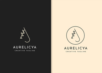 Luxury minimalist letter A monogram logo design with leaf symbol
