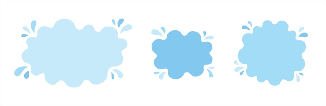 Blue water shapes set, text frames collection with uneven, sinuous wavy edge. Fluid, paint spot, puddle, rounded stain, blot with splashes, drops, blobs. Liquid graphic design elements, backgrounds.