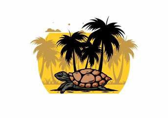 Sea turtle under the coconut tree illustration