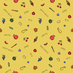 seamless vegetarian food pattern. Colored doodle vector with vegetarian food icons. Vintage food icons