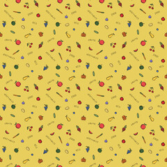 seamless vegetarian food pattern. Colored doodle vector with vegetarian food icons. Vintage food icons