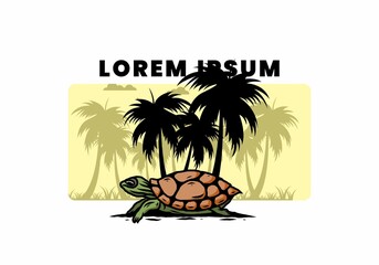 Sea turtle under the coconut tree illustration