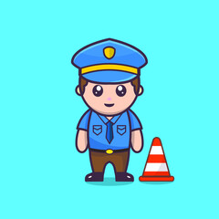 Illustration of a police officer of a man working with a smile. Crossing guard. Control, pedestrians safety. Vector illustration, flat character cartoon style. Isolated on blue background.