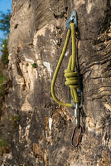 rock climbing rope with hooks .