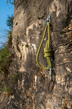 rock climbing rope with hooks .