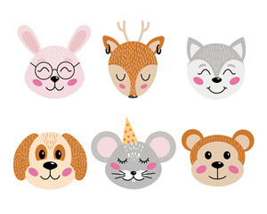 childish illusration with cute animals. Creative kids hand drawn texture for fabric, wrapping, textile, wallpaper, apparel. Vector illustration