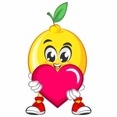 cute lemon fruit mascot character illustration logo icon vector hug pink heart