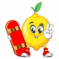 cute lemon fruit mascot character illustration logo icon vector with the skateboard